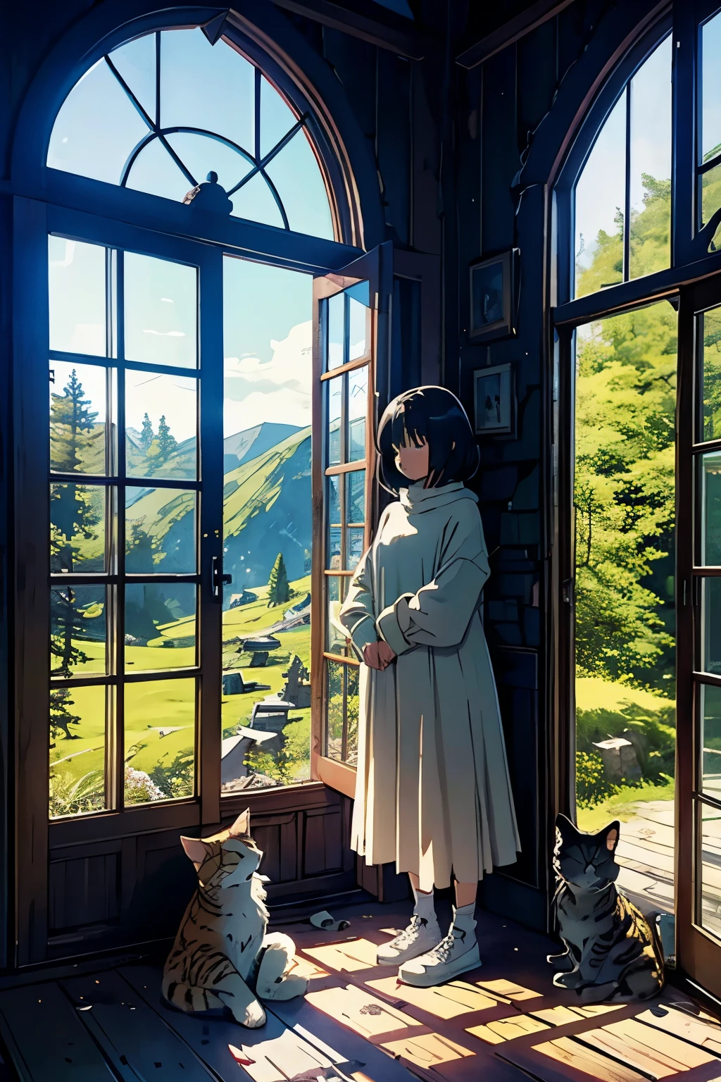 In a beautifully destroyed old castle、Peaceful creatures sleeping with the night sky、semi-realistic anime style、Slim girl with cute short bob、she is wearing a white sweater、Green standing by the window、Good style、There's a big cat at my feet、There is a Norwegian Forest Cat