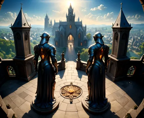 a view of fantasy medieval city, taken from the top of church of , at night, the shot taken while standing behind the statue of ...