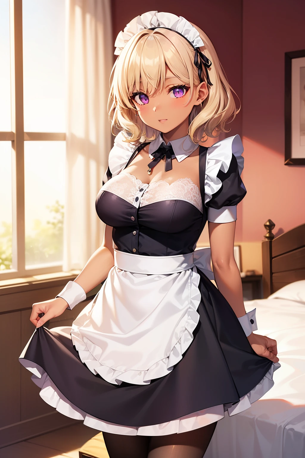 (Tabletop, highest quality, Super detailed), One Girl, Purple eyes, Blonde Hair, Dark Skin, Short Hair、Perm Hair、((pantyhose))、(Bedroom)、((Maid clothes))、Long skirt