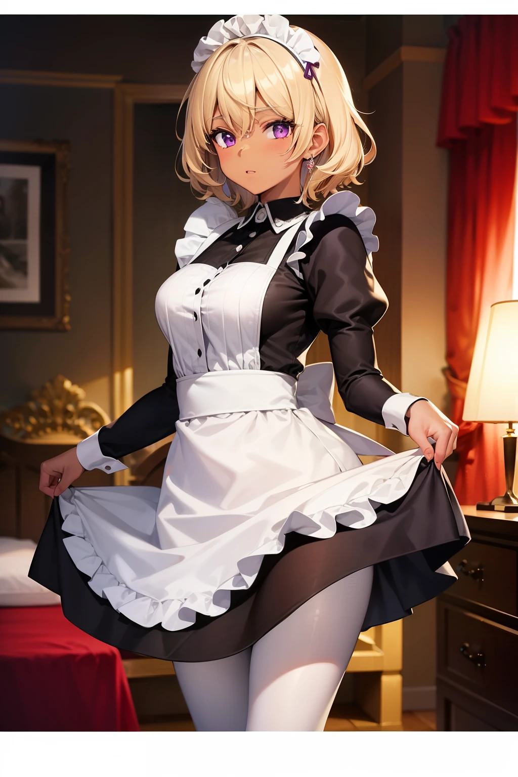 (Tabletop, highest quality, Super detailed), One Girl, Purple eyes, Blonde Hair, Dark Skin, Short Hair、Perm Hair、((pantyhose))、(Bedroom)、((Maid clothes))、Long skirt