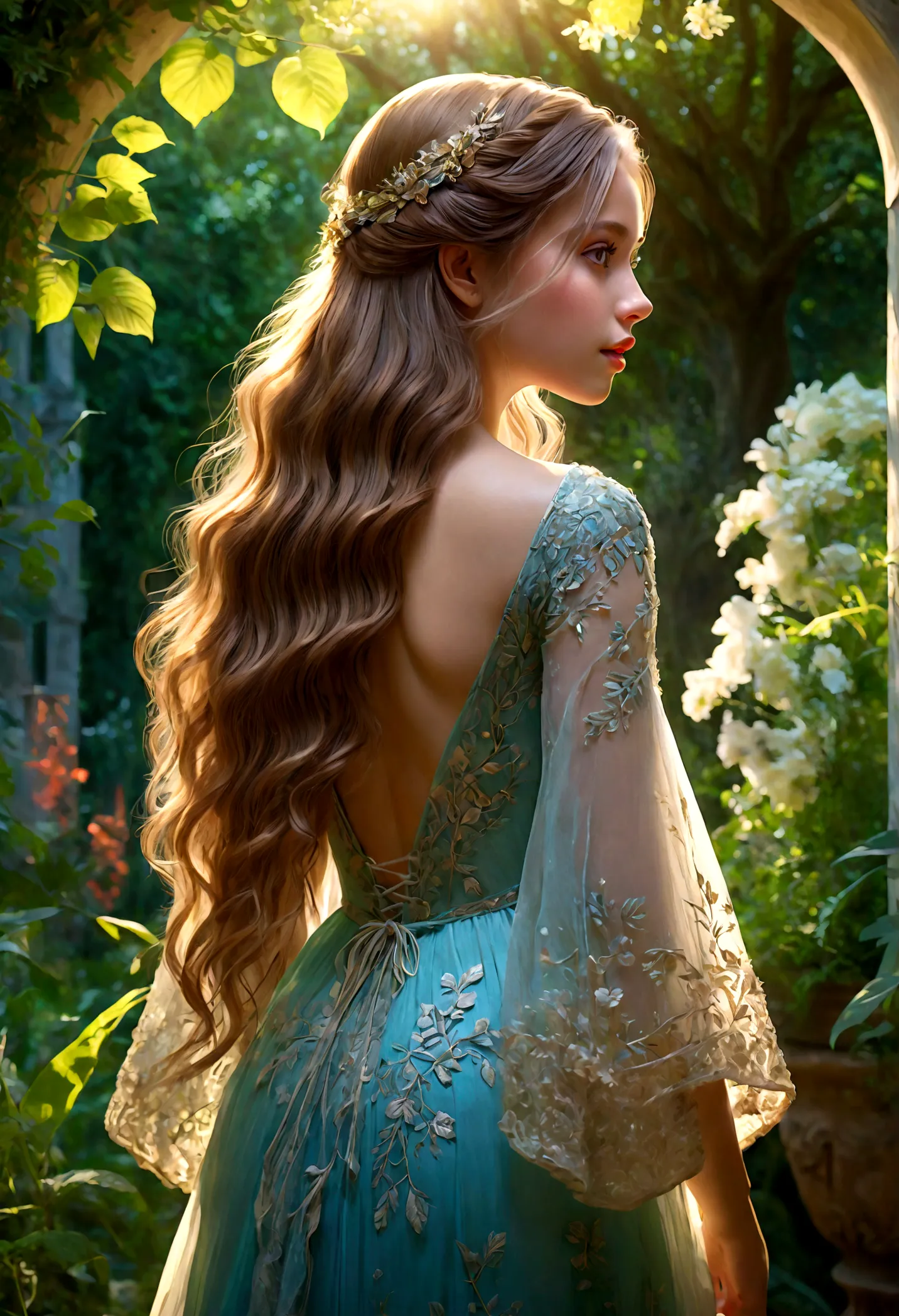 1girl, A woman in a garden, Back View, long flowing hair, delicate shoulders, intricate dress, sunlight filtering through trees,...