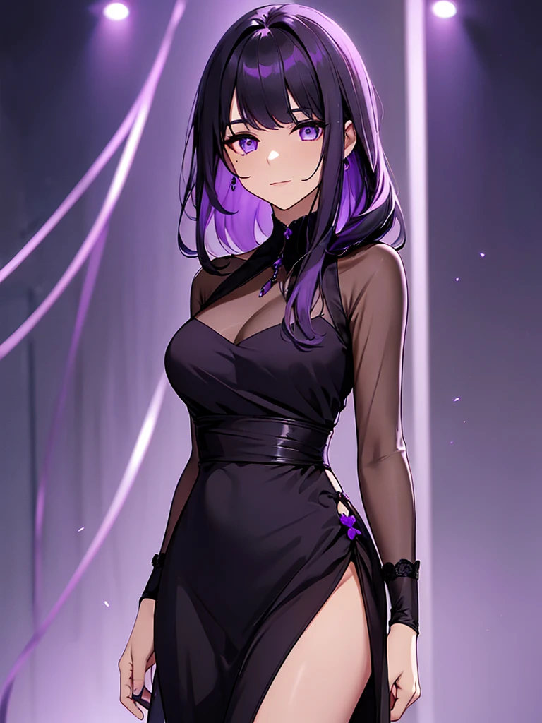 1women, wearing a black colour party frock, plain black colour modern frock, at a night party, dark purple color medium length hair, light purple colour eyes, 8k, high detailed, high quality
