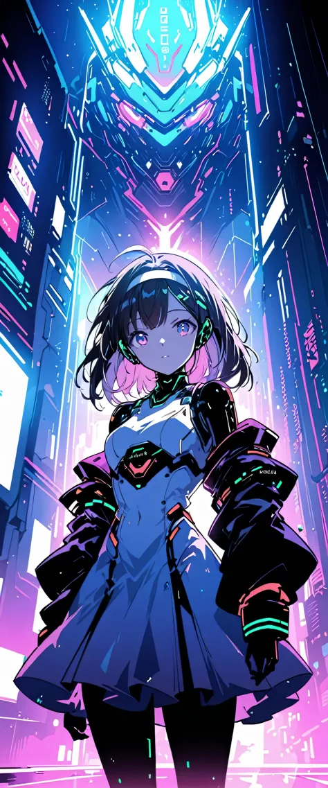 Anime girl in a dress and headband standing in front of a building, digital Cyberpunk anime art, Digital Cyberpunk - Anime Art, ...