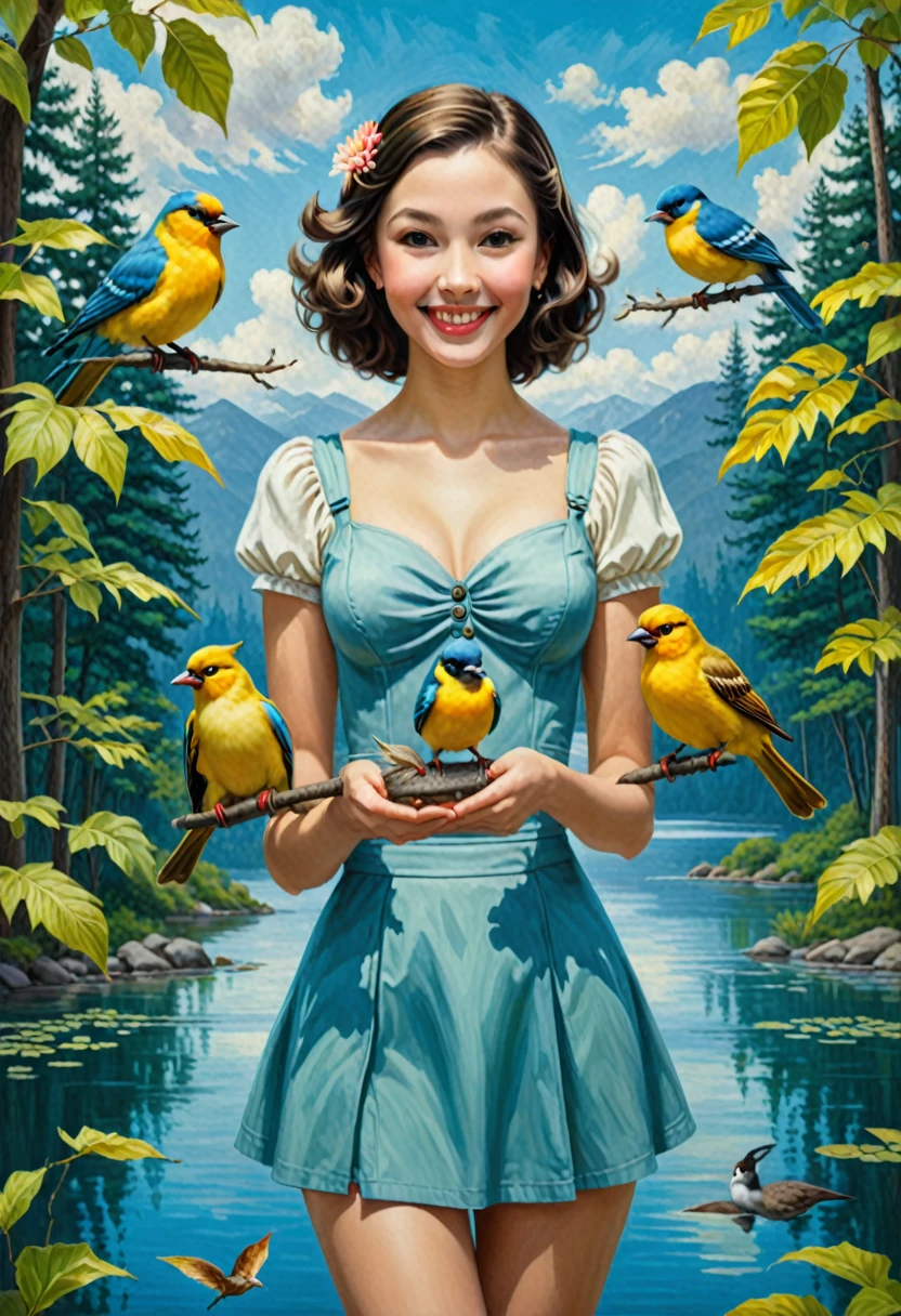 von ((( Rob Gonsalves ) and  Martine Johanna ) und Tom Thomson ) und Hikari Shimoda ,  von ((( Igor Zenin ) und Lori Earley ) und Mark Lovett ) und Kelly Mckernan , Ölgemälde einer süßen, glücklichen Frau, die zwei süße Vögel hochhält und dabei wie verrückt lacht, Vögel mit zwei Waffen