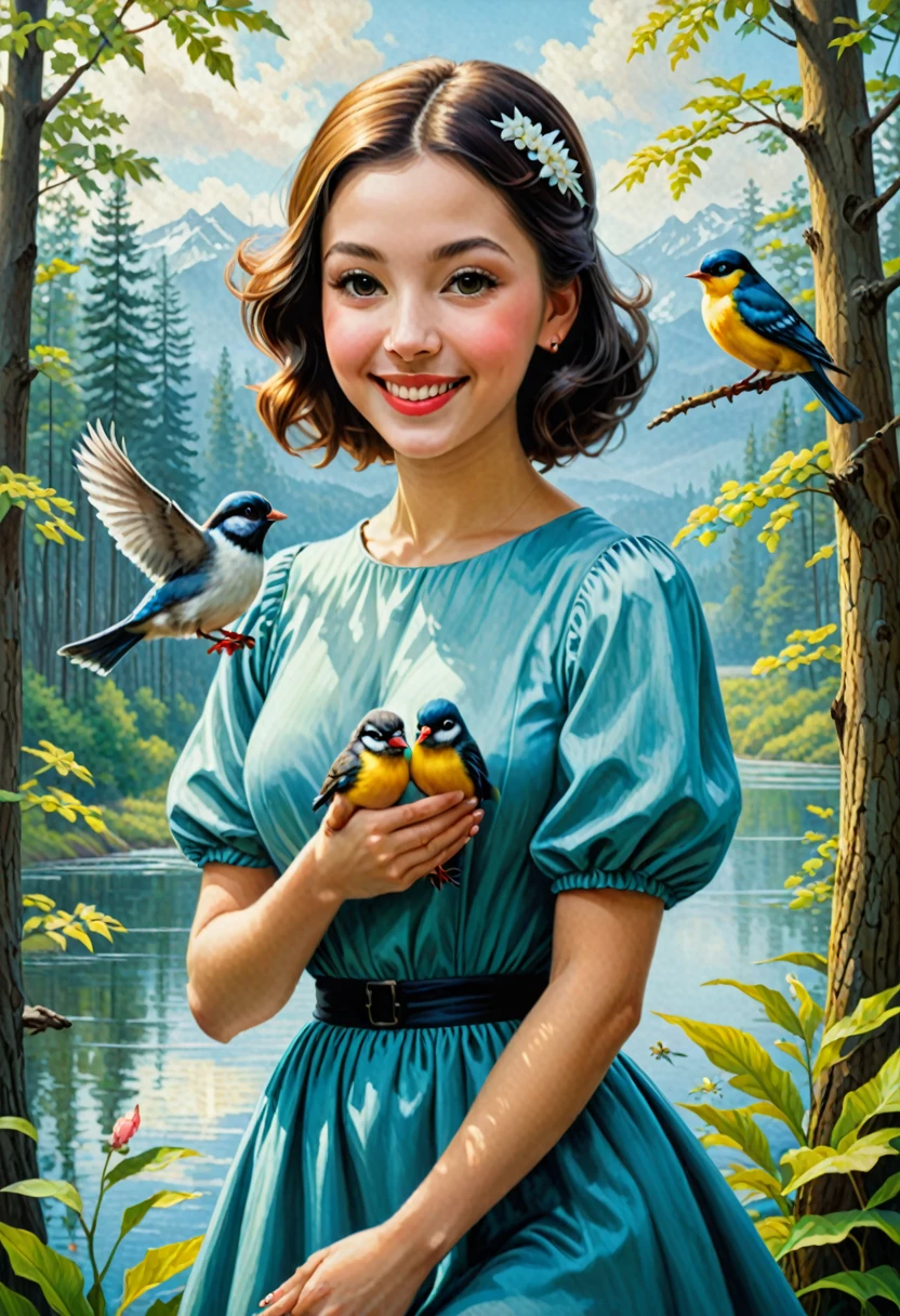 von ((( Rob Gonsalves ) and  Martine Johanna ) und Tom Thomson ) und Hikari Shimoda ,  von ((( Igor Zenin ) und Lori Earley ) und Mark Lovett ) und Kelly Mckernan , Ölgemälde einer süßen, glücklichen Frau, die zwei süße Vögel hochhält und dabei wie verrückt lacht, Vögel mit zwei Waffen