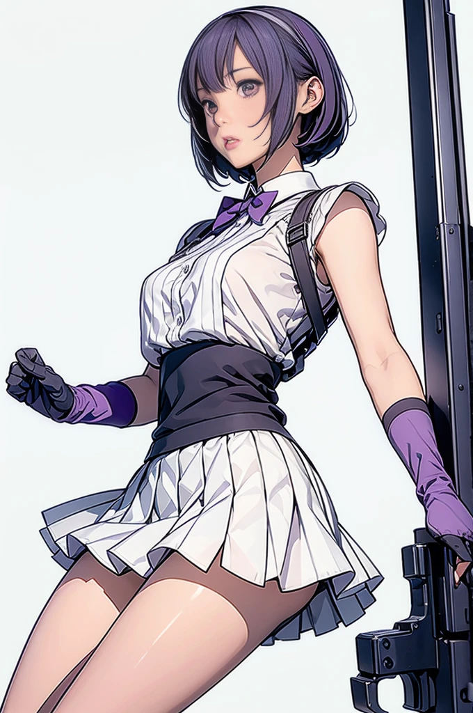 1girl, solo, short hair, skirt, shirt, gloves, white background, bow, holding, , purple eyes, white shirt, weapon, purple hair, pleated skirt, shoes, black gloves, socks, bowtie, holding weapon, gun, sneakers, holding gun, armband, rifle, grey skirt, headset, assault rifle, grey gloves, load bearing vest