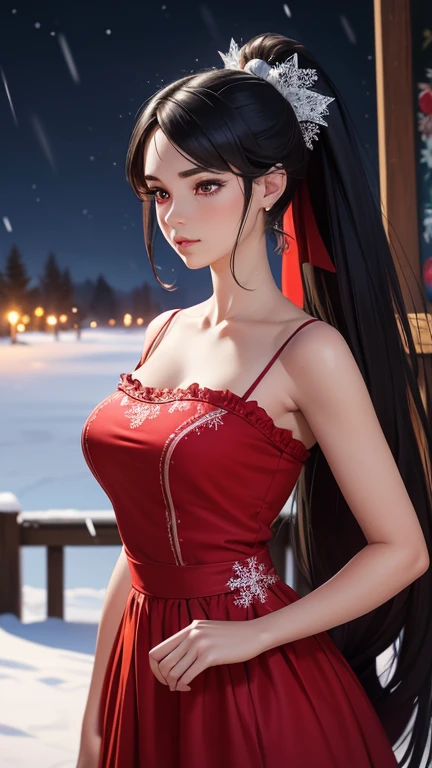 Red Eyes, (best quality, masterpiece painting:1.3), immature woman, 16 years old, (Half-body shooting), masterpiece, Ultra-high resolution, (Photo realism:1.0), Black Hair, Ponytail, Straight Hair, Beautiful shiny hair, White and shiny skin, ((Ultra-realistic details)), Octane Rendering, The face is rich in detail, (Large Breasts:0.8), She wore stunning Belle Époque inspired outfits, A flowing red dress，Decorated with lace and ribbons, (clothing: Red Belle Époque dress with lace and ribbon),cleveage, Perfect body, soft skin, Anime face, Perfect face, Perfect eyes, Looking at the audience, clever, Snow Scene, ((snowflakes falling)), ((A wonderful night)), ((outdoor)), Clear focus, Intricate details, Professional artwork, (Vibrant colors:1.1), Vibrant colors, diffused Lighting, Digital Mixing, Ultra-clear body, Super detailed hair, Super detailed face, That&#39;it&#39;Popular on Pixiv, Top button open, 可爱的目Light, compensate, Perfect lips, perfect compensate, Ultra-precision coating,  (Light_Smile:0.8), (so awkward:1.2), blush your nose,(((Full and soft breasts,)))(((Large Breasts))) (((Cleavage))),