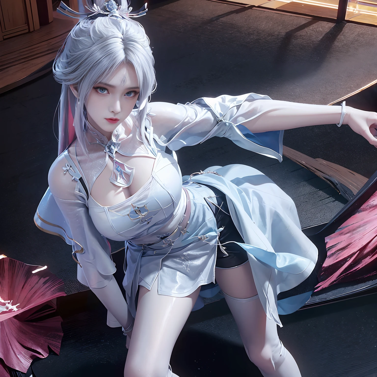 a white hair、Close-up of miss wearing white mask, Beautiful character painting, guweiz, Gurwitz style artwork, White-haired god, author：Yang Jie, Epic and beautiful character art, Stunning character art, author：Fan Qi, by Wuzhun Shifan, pixiv Art Street Guviz, Single ponytail, insult, High Ponytail, Tall and big, Long legs, (sleeveless lace shirt), (shorts), (Striped )), ((Striped )), Walk, elegant, dignified, miss, Beautiful curves, sweet smile, Strong sense of detail and layering, Rich and colorful color, Has a unique texture, rich and colorful, color, vivid, Design Art, 16K, Super detailed, {{illustration}}, {Extremely refined}, {Exquisite surface treatment}, Super detailed, Delicate and shining eyes, {{Light}}, 极致灯Light效果, Model: realism, CFG size: 12, Laura: Bright texture (1.35), high quality, masterpiece, Exquisite facial features, Delicate hair depiction, Detailed depiction of the eyes, masterpiece, best quality, Light line tracing, Extremely detailed CG unified 8k wallpaper, masterpiece, best quality, (1 girl), Perfect body, (((tight white t shirt))), beautiful eyes, (Delicate face), Black short hair, Tie your hair up, Light blue hairpin, Black silk frame glasses, in class, (White skin), (Optimal Lighting), (Super intricate details), 4k unity, (Super detailed CG), Showing off her white legs, , Hot Pants, shorts,性感Long legs, Thin waist, Sweat is running down my waist, Showing belly, Extremely detailed depiction, Pink Hair, Asymmetrical bangs, Transparent clothes, Hands on thighs, 把目Light移开, 8k resolution, Raise an eyebrow, shiny hair, Flower head, Wristbands, bandage，Leather sexy pose, simple grey background, Climbing towards the audience, kitten pose, On all fours,