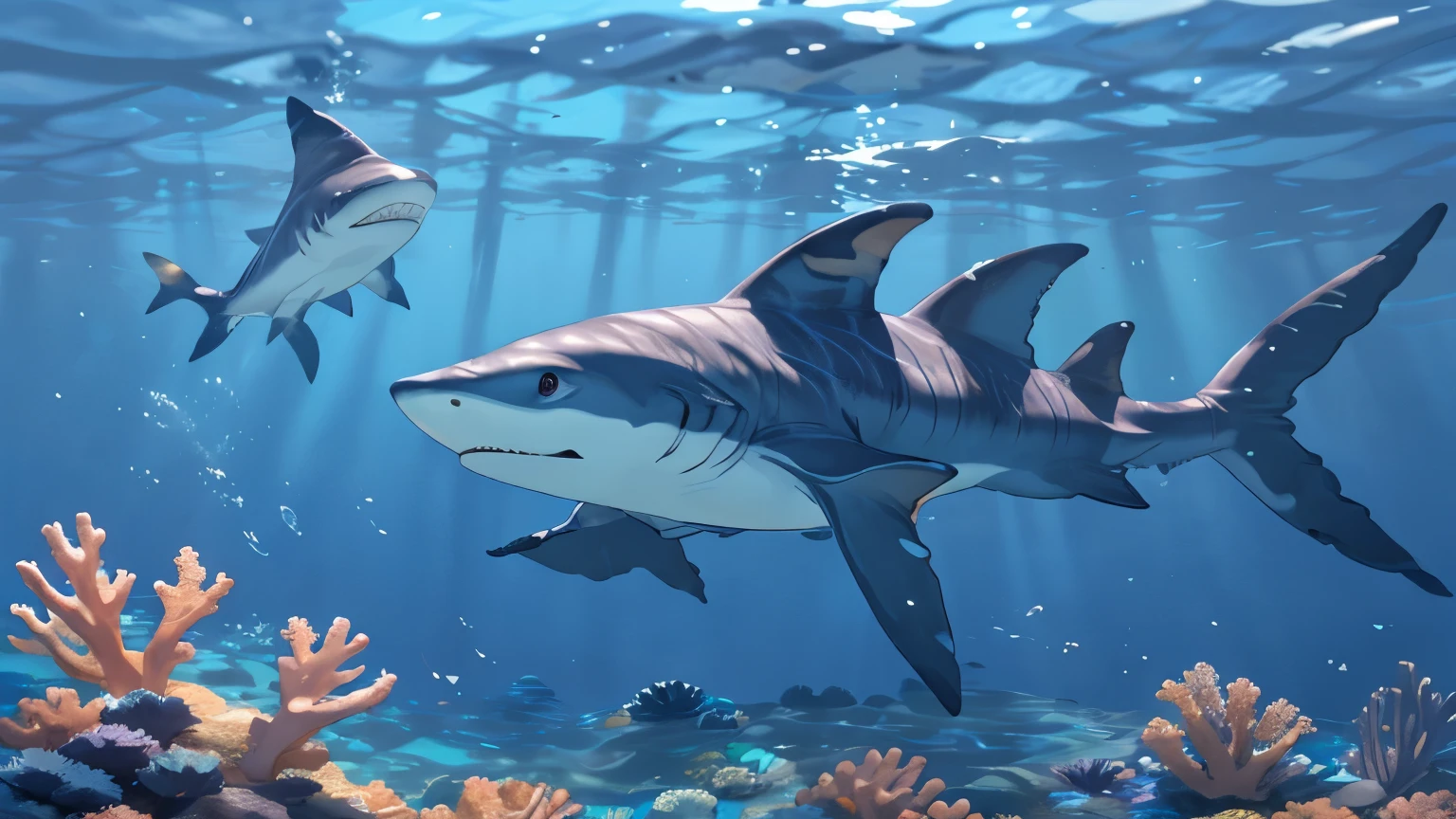 Anthropomorphic character, 21 years old man, white great shark, muscular 0,8, abs, lean body, v-taper 1,2, blue skin, white briliant belly, black nipples, shirtless, naked, swimming, diving, fishes, coral, Coral reefs, shiny wet body, realistic water, detailed water, detaild sea,