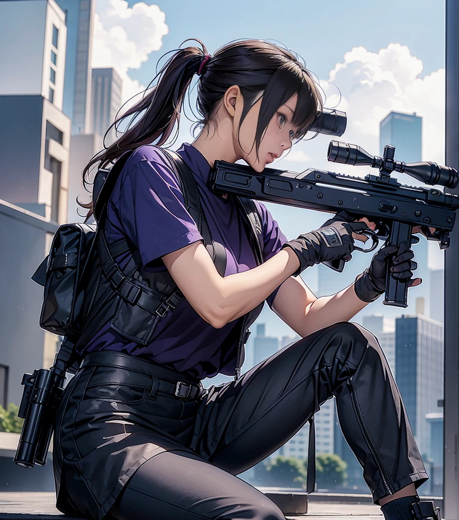 1girl, solo, short hair, skirt, shirt, gloves, white background, bow, holding, , purple eyes, white shirt, weapon, purple hair, pleated skirt, shoes, black gloves, socks, bowtie, holding weapon, gun, sneakers, holding gun, armband, rifle, grey skirt, headset, assault rifle, grey gloves, load bearing vest