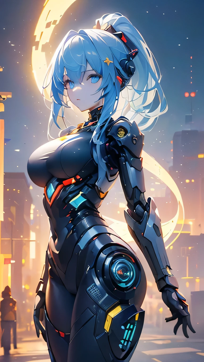 (((Best quality, 8k, Masterpiece: 1.3)), ((best quality)), ((masterpiece)), (detailed), perfect face, Female android, artificial intelligence, robot, metal frame, cyberspace, science fiction, laser gun, mechanical body, sky blue hair, folded ponytail, helmet with decorations, cowboy shot,