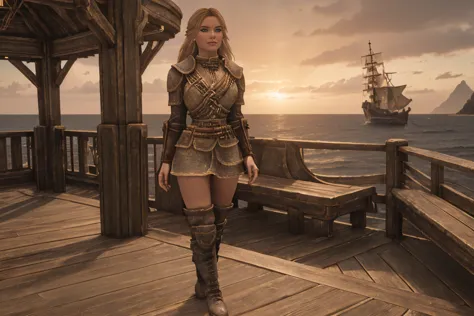 A stunning female Breton maiden stands poised on the weathered deck of a majestic ship at sunset in Skyrim. Her porcelain skin g...