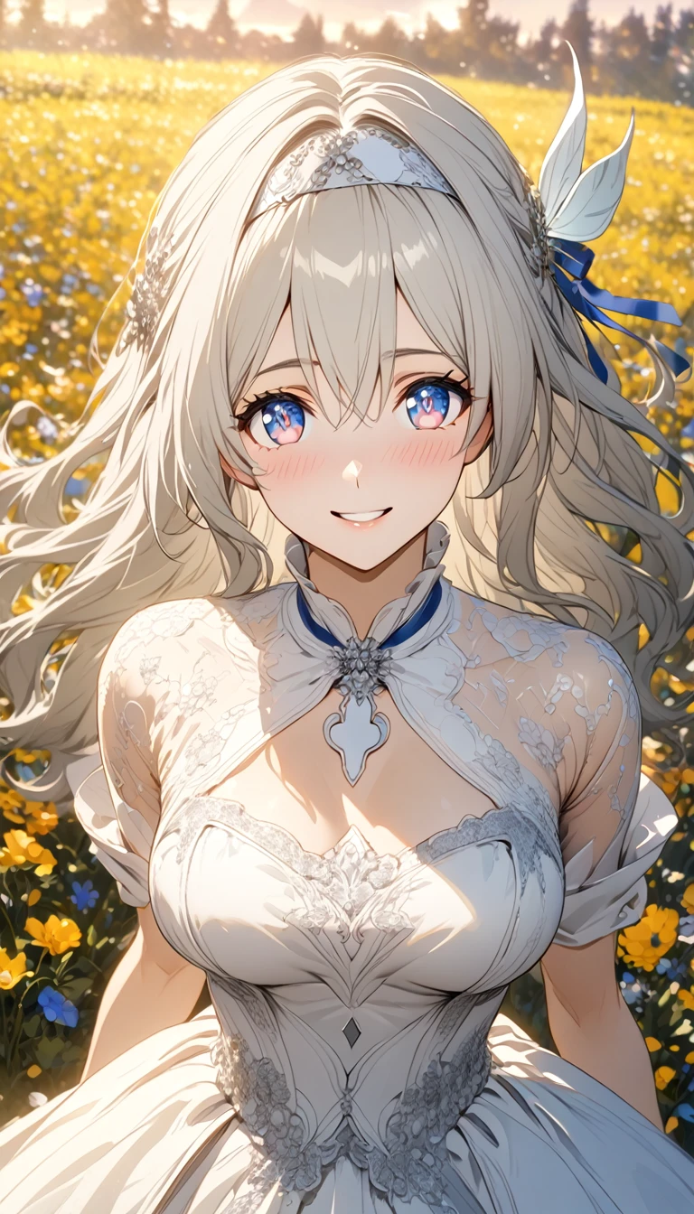 beautiful girl, long grey hair, beautiful face,smiling,close up to hips, beautiful breast, in the middle of flowers field, wearing beautiful wedding dress, (open mouth:0.4),illustration,detailed textures(realists),ultra-detailed,portrait style,vivid colors,soft lighting, blushing, mature, hair fluttering, evening light , head band, keyhole cleavages , no bras