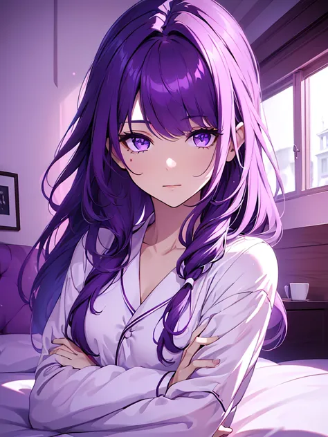 1women, wearing a cute white colour pajamas at morning bed, dark purple color medium length hair, light purple colour eyes, 8k, ...