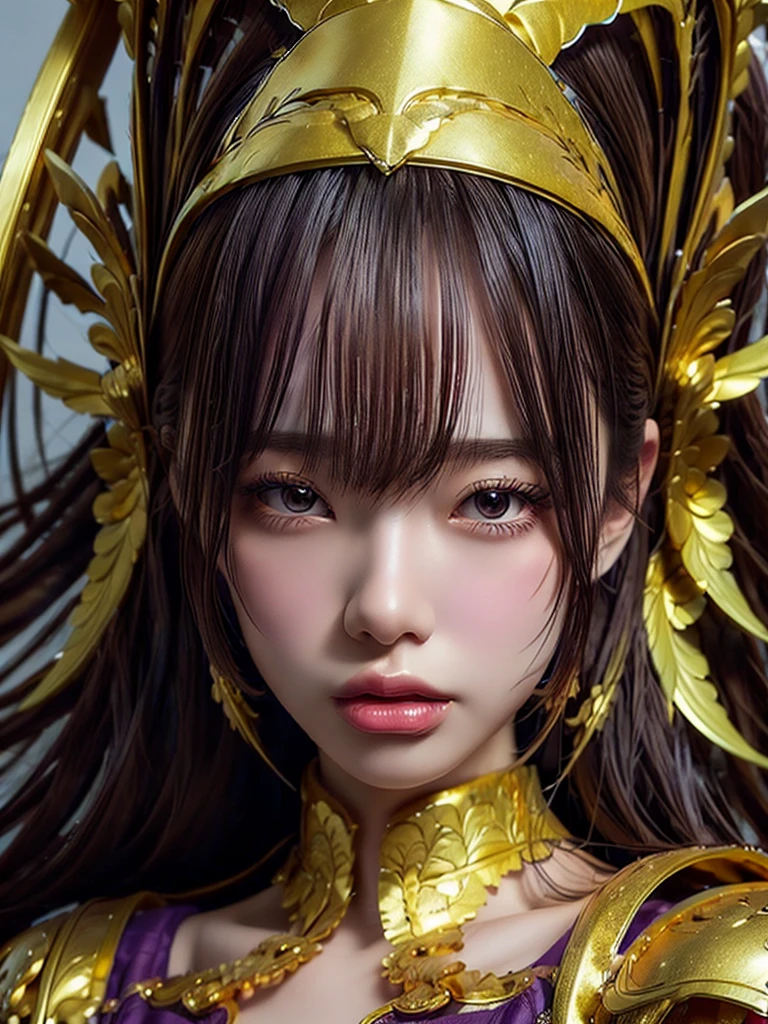 close-up de uma mulher com um vestido dourado e roxo, Chengwei Pan na Estação de Arte, por Jan J., arte de fantasia detalhada, incrível arte de personagem, Fan Art Melhor Estação de Arte, Arte de personagem magnífica e elaborada, linda armadura, arte altamente detalhada, arte digital detalhada de anime, artgerm e artstation pixiv, garota de armadura