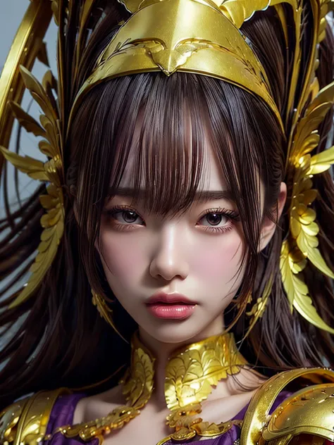 Close-up of a woman in a gold and purple dress, Chengwei Pan at Art Station, by ヤン・J, Detailed fantasy art, Amazing character ar...