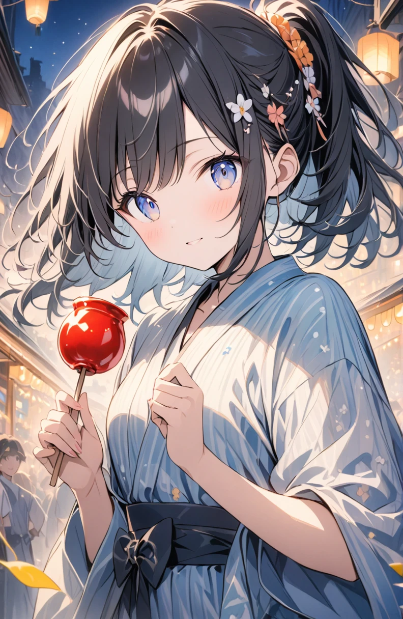 (masterpiece:1.2),(anime),、girl、cute、Black Hair、ponytail、hair ornaments、Girl wearing yukata、((Holding a candy apple in her hand)),Night stalls、Festivals、summer night、Light production、Beautiful artwork、Detailed drawing、A Scene of Youth、Fisheye Lens、Close-up,Pale colors
