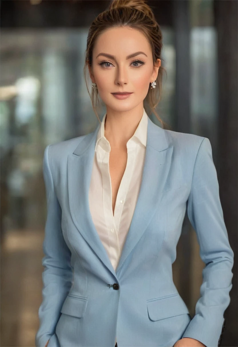 smiling,A stunning news anchor stands tall in front of a massive screen that spans from floor to ceiling and left to right, her long hair styled in a sleek bun as she gazes directly at the viewer with piercing hazel eyes. Her diamond stud earrings catch the light as she wears a fitted blazer and crisp white blouse, accentuating her slender figure. The camera captures every detail of her beautiful face, from the subtle curve of her cheekbones to the fullness of her luscious lips. Her serious expression exudes confidence and authority, yet hints at a underlying sensuality that is hard to ignore. The lighting is dimly lit with a warm tone, highlighting the contours of her body as she stands in front of the massive screen, her firm breast cleavage creating a tantalizing visual appeal.