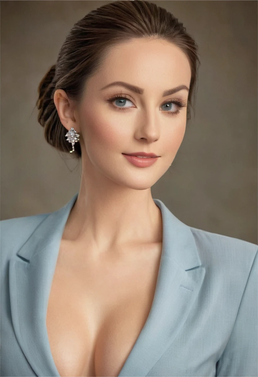 smiling,A stunning news anchor stands tall in front of a massive screen that spans from floor to ceiling and left to right, her long hair styled in a sleek bun as she gazes directly at the viewer with piercing hazel eyes. Her diamond stud earrings catch the light as she wears a fitted blazer and crisp white blouse, accentuating her slender figure. The camera captures every detail of her beautiful face, from the subtle curve of her cheekbones to the fullness of her luscious lips. Her serious expression exudes confidence and authority, yet hints at a underlying sensuality that is hard to ignore. The lighting is dimly lit with a warm tone, highlighting the contours of her body as she stands in front of the massive screen, her firm breast cleavage creating a tantalizing visual appeal.