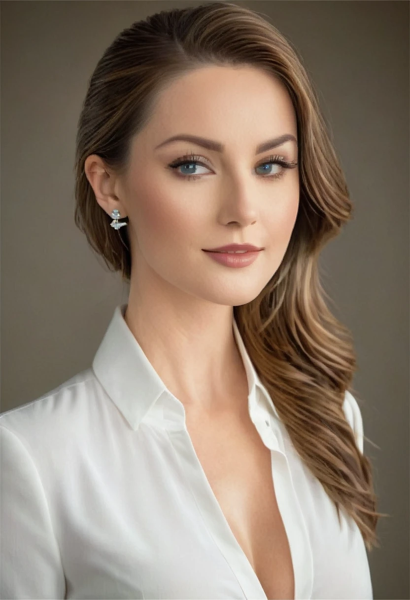 smiling,A stunning news anchor stands tall in front of a massive screen that spans from floor to ceiling and left to right, her long hair styled in a sleek bun as she gazes directly at the viewer with piercing hazel eyes. Her diamond stud earrings catch the light as she wears a fitted blazer and crisp white blouse, accentuating her slender figure. The camera captures every detail of her beautiful face, from the subtle curve of her cheekbones to the fullness of her luscious lips. Her serious expression exudes confidence and authority, yet hints at a underlying sensuality that is hard to ignore. The lighting is dimly lit with a warm tone, highlighting the contours of her body as she stands in front of the massive screen, her firm breast cleavage creating a tantalizing visual appeal.