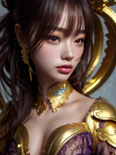 Close-up of a woman in a gold and purple dress, Chengwei Pan at Art Station, by ヤン・J, Detailed fantasy art, Amazing character ar...