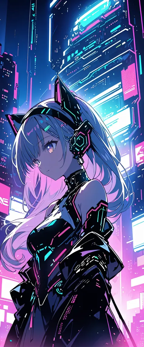 Anime girl in a dress and headband standing in front of a building, digital Cyberpunk anime art, Digital Cyberpunk - Anime Art, ...