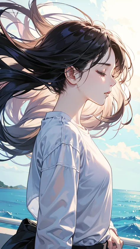 Woman profile、tears、White shirt、Casual clothing、Face only、Close ~ eyes、Hair blowing in the wind