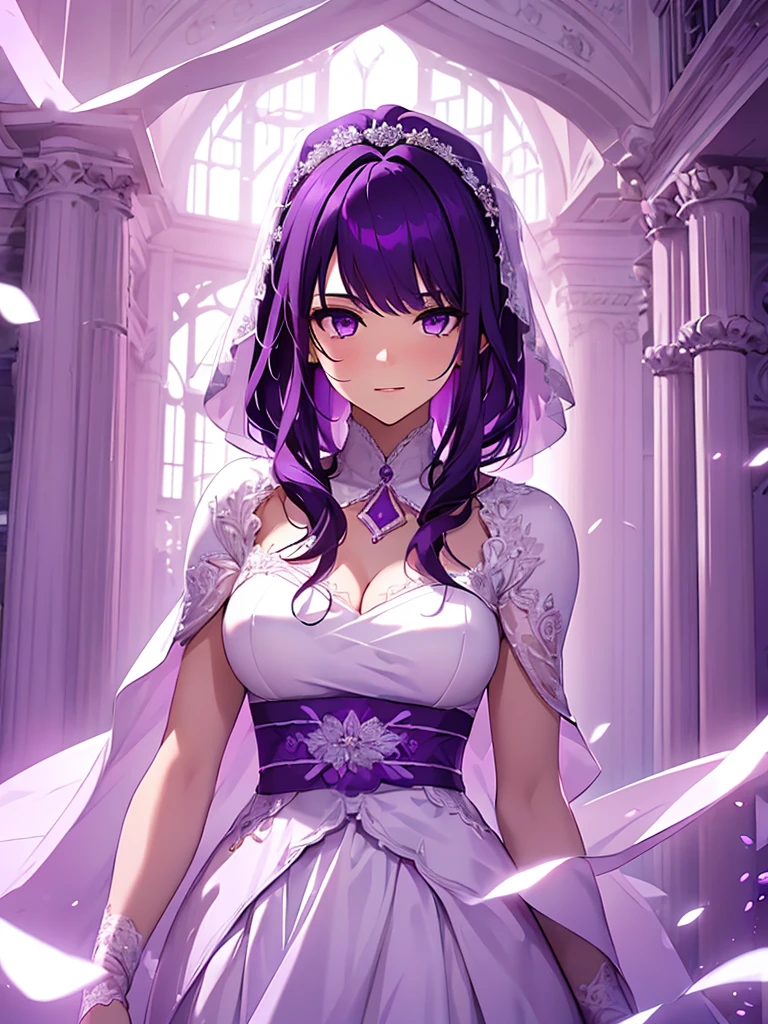 1women, as a bride, wearing white colour wedding dress, at a wedding ceremony, dark purple color medium length hair, purple colour eyes, 8k, high detailed, high quality
