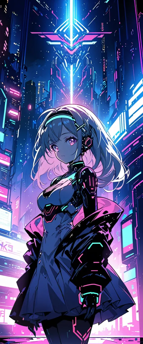 Anime girl in a dress and headband standing in front of a building, digital Cyberpunk anime art, Digital Cyberpunk - Anime Art, ...