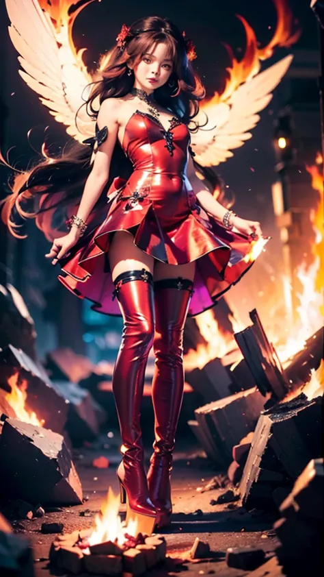 1girl, fire, wings, solo, dress, red_dress, high_heels, boots, embers, thighhighs, full_body, long_hair, black_hair, red_hair, j...