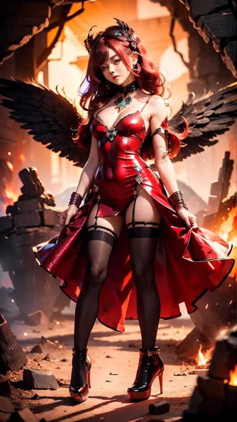 1girl, fire, wings, solo, dress, red_dress, high_heels, boots, embers, thighhighs, full_body, long_hair, black_hair, red_hair, j...