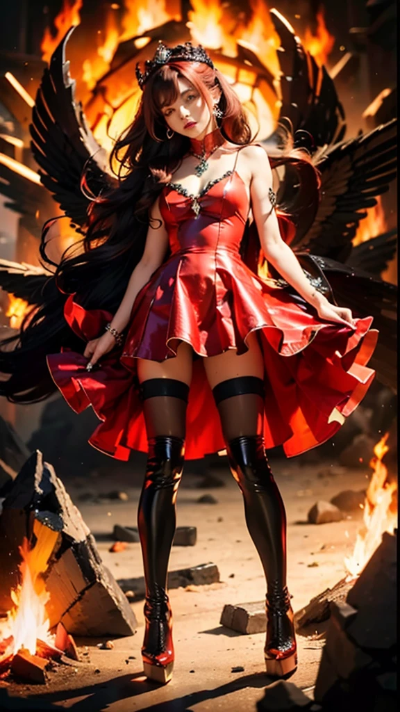 1girl, fire, wings, solo, dress, red_dress, high_heels, boots, embers, thighhighs, full_body, long_hair, black_hair, red_hair, jewelry, looking_at_viewer