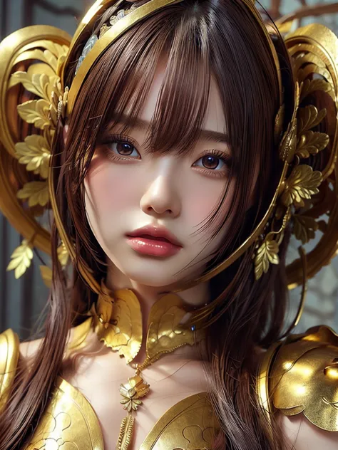 Close-up of a woman in a gold and purple dress, Chengwei Pan at Art Station, by ヤン・J, Detailed fantasy art, Amazing character ar...