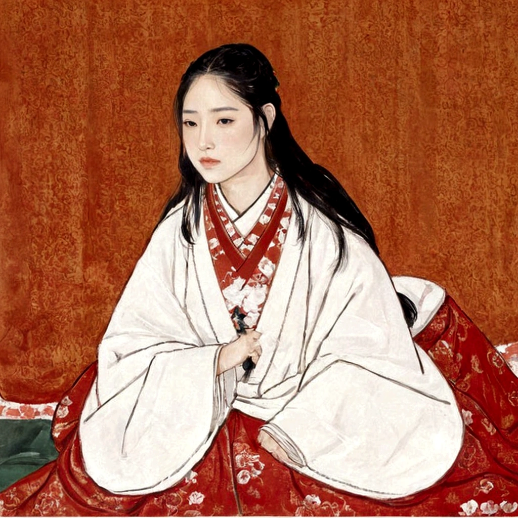 Uma pintura de uma mulher sentada em uma cama com um cobertor vermelho, por Kazumasa Miyagawa, por Shigenobu Yanagawa, por Takanobu Kano, por Kano Masanobu, da Flower Room One Long II, por Fujiwara Takanobu, por Sawa Sekkyo