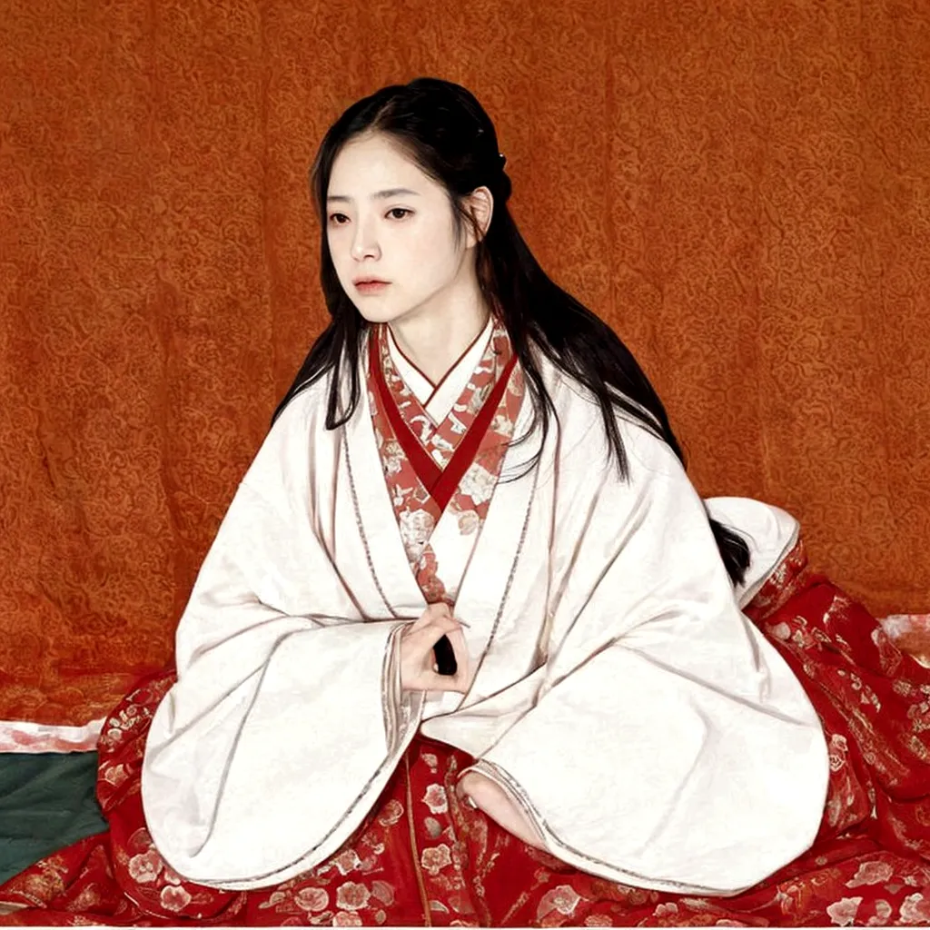 A painting of a woman sitting on a bed with a red blanket, by Kazumasa Miyagawa, by Shigenobu Yanagawa, by Takanobu Kano, by Kan...