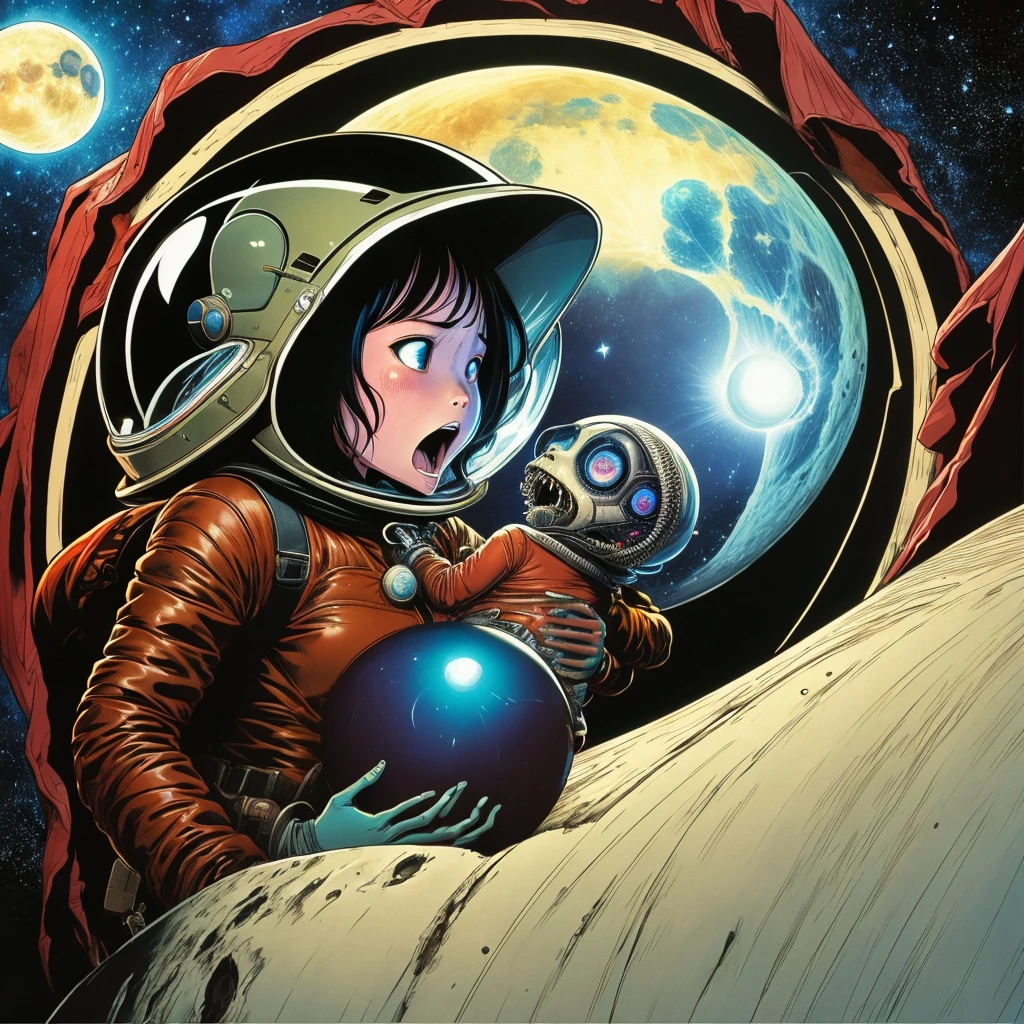 A frightened Chinese girl, in a black leather space suit, holding a baby Xenomorph, escaping he captors on one of the moons of Jupiter, HD, 8k, featuring highly detailed facial features and cartoon-style visuals, by Brian Bolland, By Mike Ploog, lurid and vivid colors, Technicolor, retro scifi vibe,