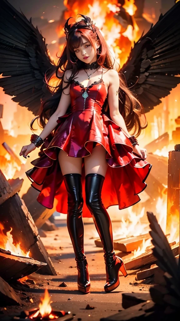 1girl, fire, wings, solo, dress, red_dress, high_heels, boots, embers, thighhighs, full_body, long_hair, black_hair, red_hair, jewelry, looking_at_viewer