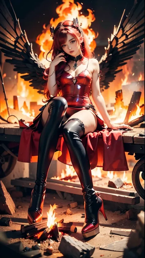 1girl, fire, wings, solo, dress, red_dress, high_heels, boots, embers, thighhighs, full_body, long_hair, black_hair, red_hair, j...