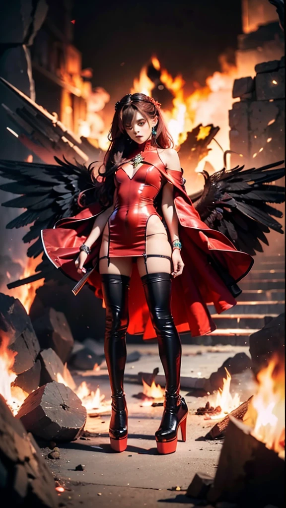 1girl, fire, wings, solo, dress, red_dress, high_heels, boots, embers, thighhighs, full_body, long_hair, black_hair, red_hair, jewelry, looking_at_viewer