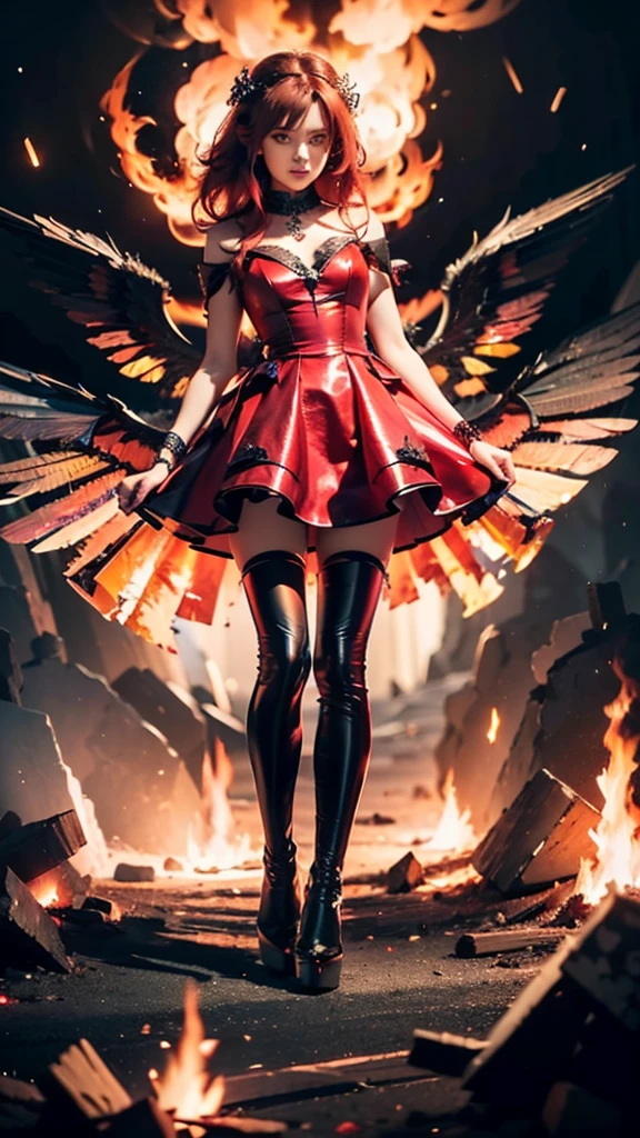 1girl, fire, wings, solo, dress, red_dress, high_heels, boots, embers, thighhighs, full_body, long_hair, black_hair, red_hair, jewelry, looking_at_viewer