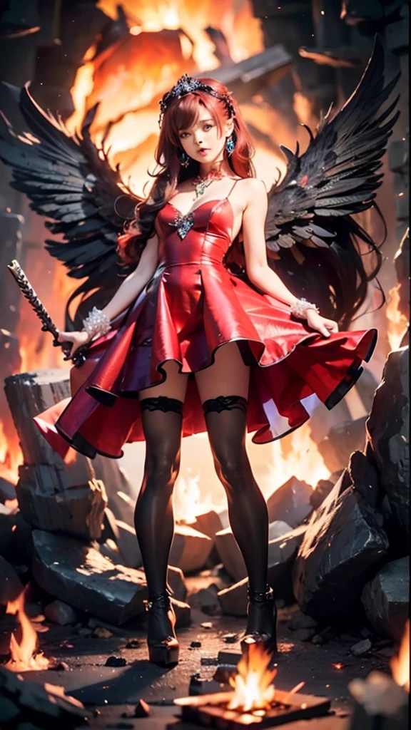 1girl, fire, wings, solo, dress, red_dress, high_heels, boots, embers, thighhighs, full_body, long_hair, black_hair, red_hair, jewelry, looking_at_viewer