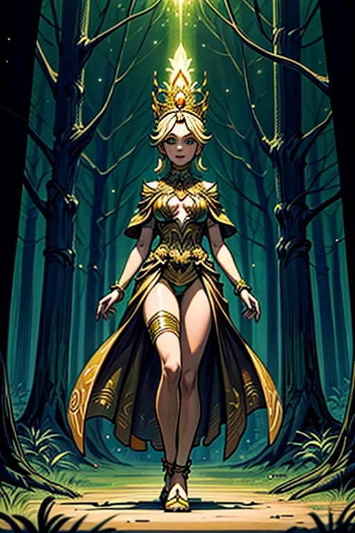 A beautiful woman is walking in the middle of a forest, she's offering her hand, growing like a crown of a tree, green, orange and gold,like a living organism, shining bright, dressed with symmetrical designs of leaves and arabesques, adorned with yellow lights, masterpiece, highly detailed, 3d modelling, 4k resolution, abstract art, digital art, photographic