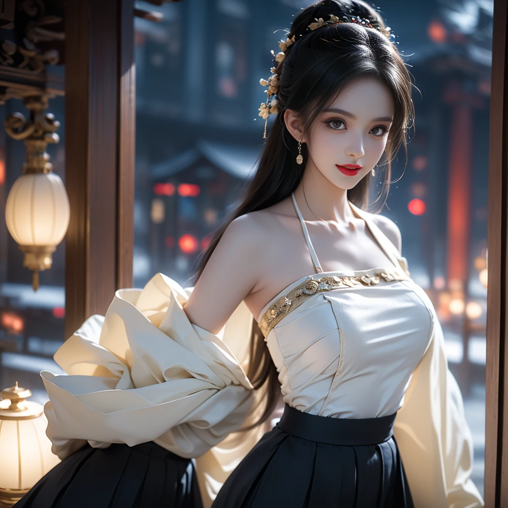 hanfu-song, Hanfu, Song Theme, Drawcord, Pipe top, ((Bare shoulders)), ((Full breasts)), ((The skirt is very short)), ((Lifting the skirt with hands)), ((whole body)), actual, Fashion Girl, red lips, Become a, Exquisite makeup, big eyes, beautiful, (best quality, masterpiece:1.2), Super detailed, (actual:1.37), ((Random Scenes, Random shooting angle)), ((Sexy long legs)), Young and energetic, Charming model, (Exquisite eyes, delicate lips), Show a bright smile, Create stunning girl images, warm color, Color Saturation Extreme Art, Extremely detailed CG, Unity 8k Wallpaper, (High Dynamic Range :1.4), (Atmosphere),(Soft colors), (Natural skin texture, ultra-actual, Soft Light, sharp),(Very detailed), night, moonlight