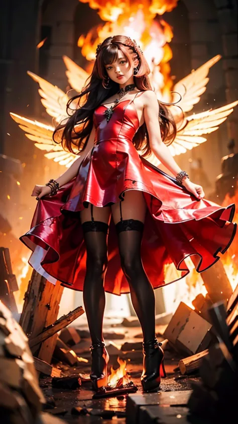 1girl, fire, wings, solo, dress, red_dress, high_heels, boots, embers, thighhighs, full_body, long_hair, black_hair, red_hair, j...