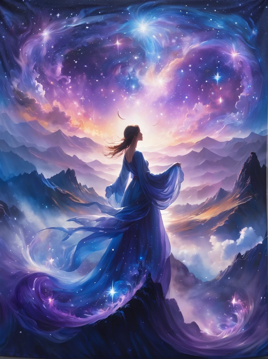 A figure stands on a cliff, enveloped in swirling streams of cosmic energy, amidst a dreamy, nebulous landscape. The silhouette of the person is wrapped in a flowing, ethereal gown that merges with the celestial currents. The sky is a tapestry of deep purples and blues, sprinkled with stars, and the landscape below is hinted at with soft, rolling mountains. The scene is one of tranquility and the sublime, capturing the majestic essence of the cosmos with a single, contemplative figure standing in awe.