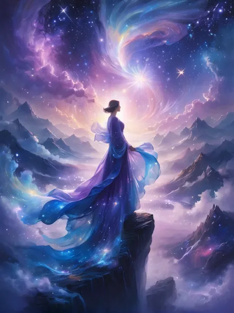 A figure stands on a cliff, enveloped in swirling streams of cosmic energy, amidst a dreamy, nebulous landscape. The silhouette ...