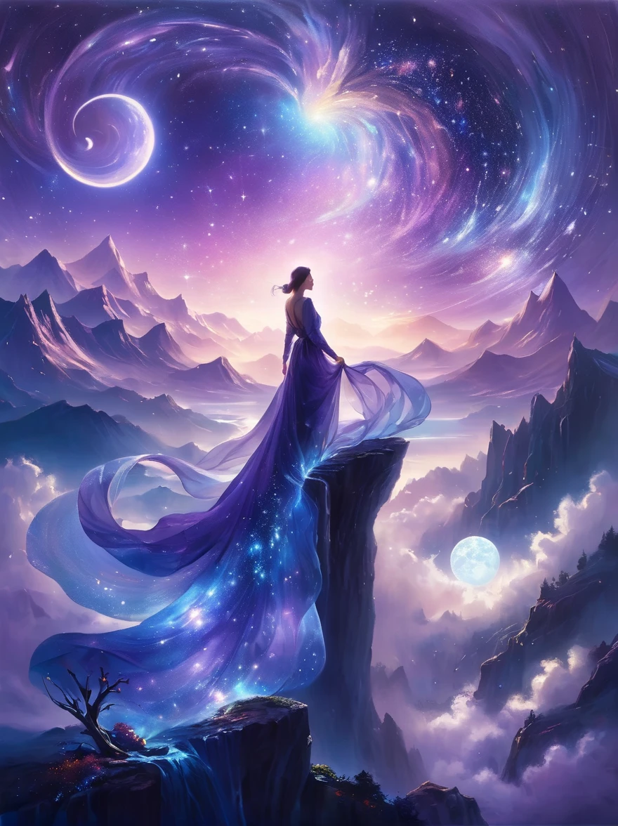 A figure stands on a cliff, enveloped in swirling streams of cosmic energy, amidst a dreamy, nebulous landscape. The silhouette of the person is wrapped in a flowing, ethereal gown that merges with the celestial currents. The sky is a tapestry of deep purples and blues, sprinkled with stars, and the landscape below is hinted at with soft, rolling mountains. The scene is one of tranquility and the sublime, capturing the majestic essence of the cosmos with a single, contemplative figure standing in awe.