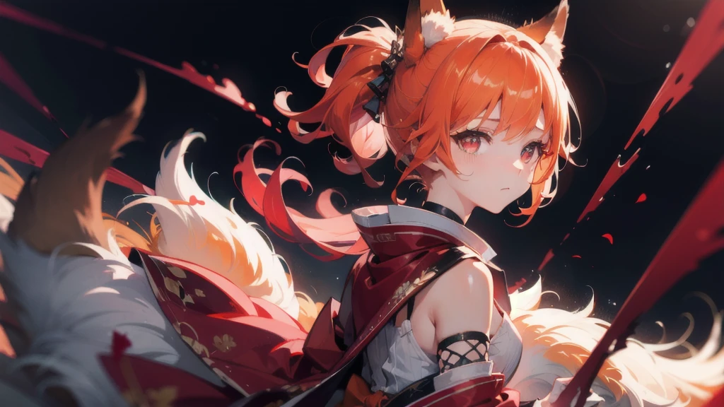 Best quality, highly detailed, masterpiece, ultra detailed, (1 girl, (detailed background), delicate eyes, ), girl with orange hair and fox ears, red eyes, wearing red dress with open chest, japanese romance scene, dinamic lighting, dinamic effect, cinematic light, anime screenshot