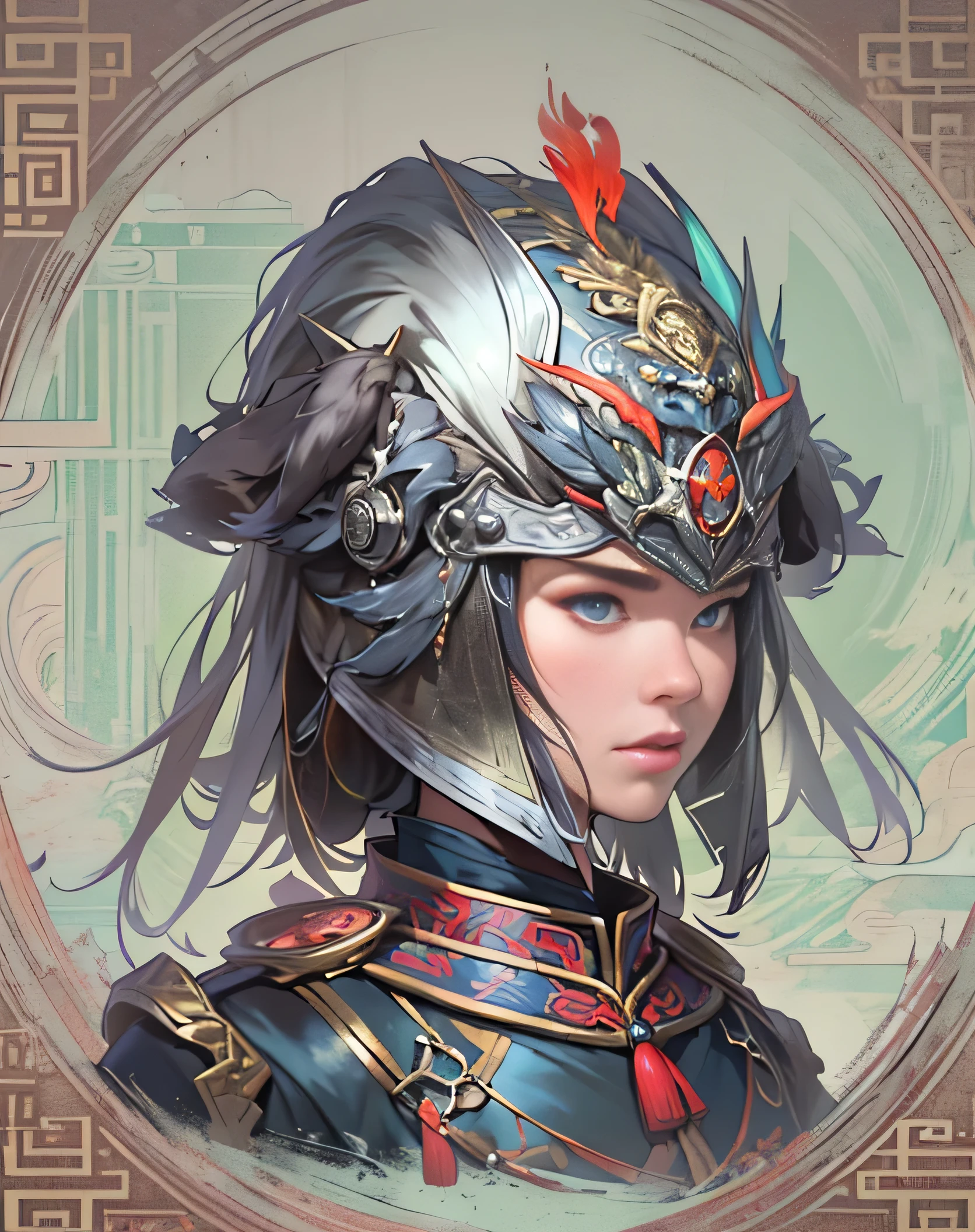 中式, 女將軍&#39;頭盔, 銀色鎧甲頭盔, 色彩繽紛的設計, 頭盔躺在地板上, 銀色和黑色套裝, Oriental 女將軍&#39;頭盔, 卡通風格