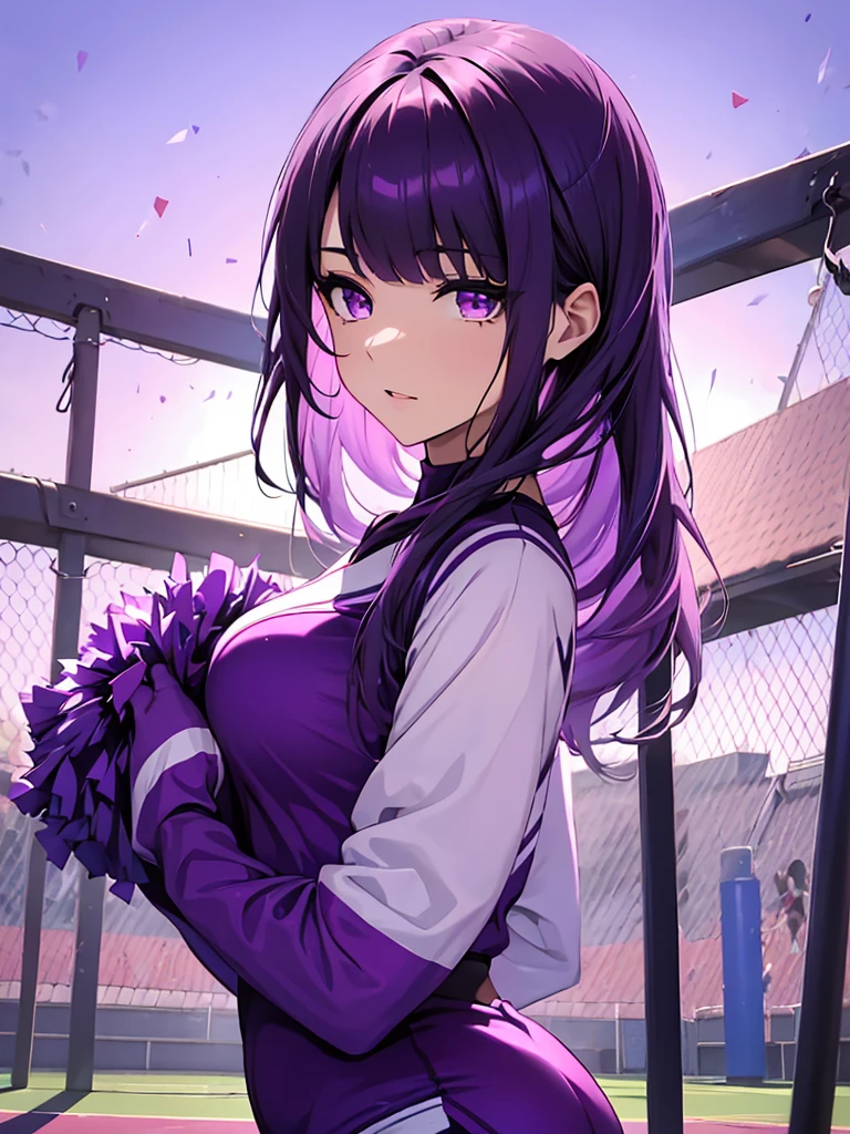 1women, as a cheerleader, wearing cheerleader outfit, at a playground, dark purple color medium length hair, purple colour eyes, 8k, high detailed, high quality
